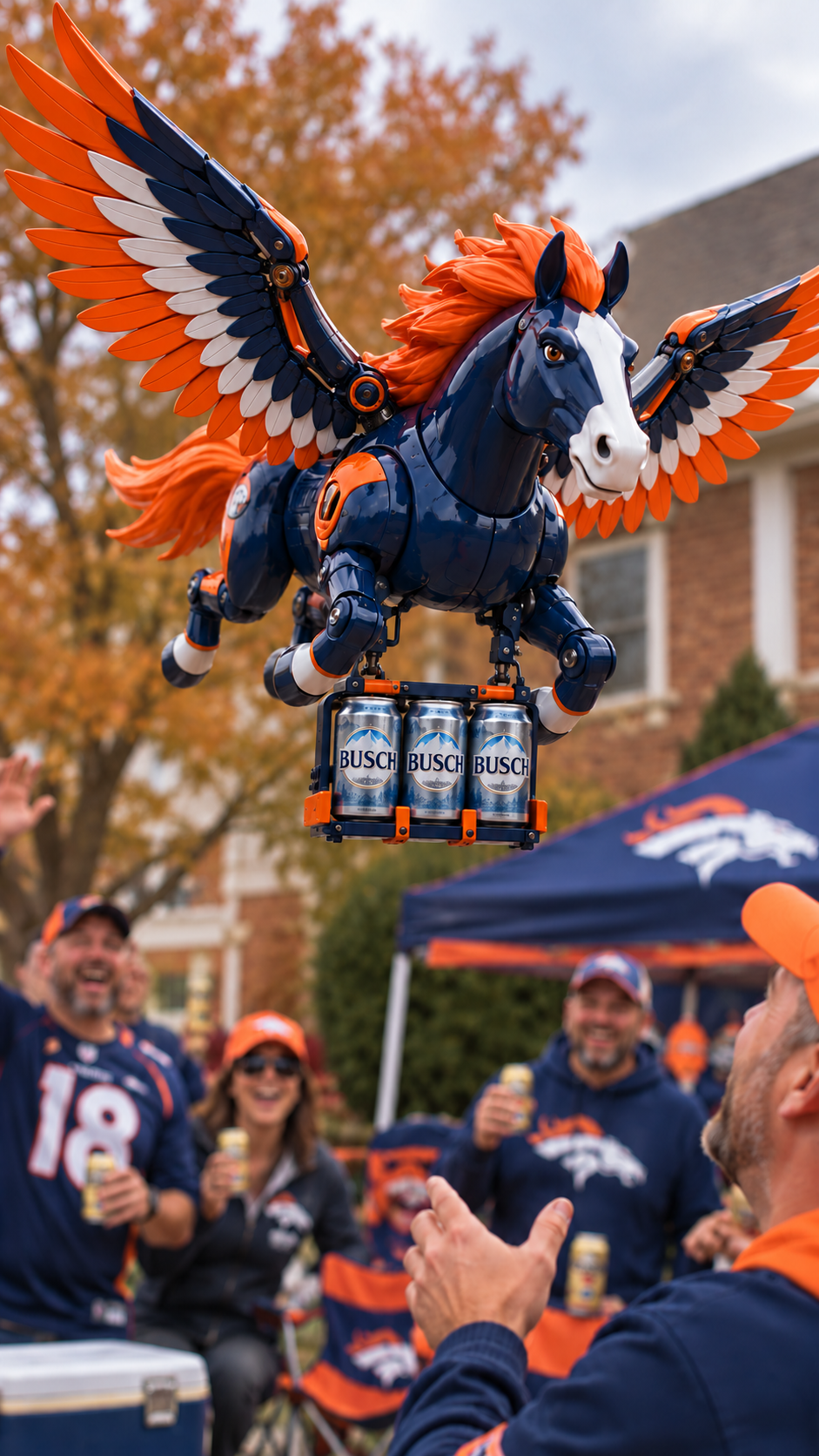 Denver Broncos winged mascot with three Busch cans