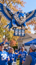 Detroit Lions winged mascot with three Busch cans